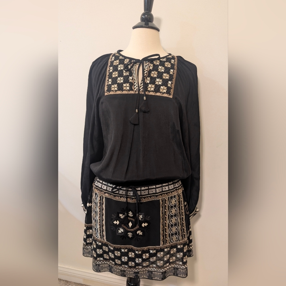 Hale Bob Black Embroidered Boho Peasant Mini Dress Women's Size Medium